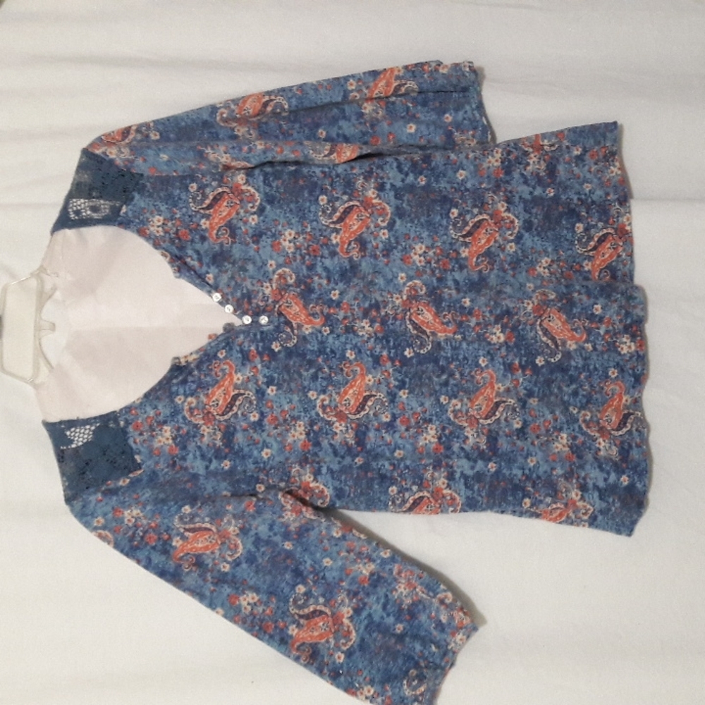 Lucky Brand Blouse Size Small Blue Paisley Print Lace Inlay 3/4 Sl…